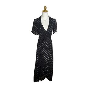 En Creme Black Gold Lurex Polka Dot Wrap Dress V-Neck Ruffle Midi Small